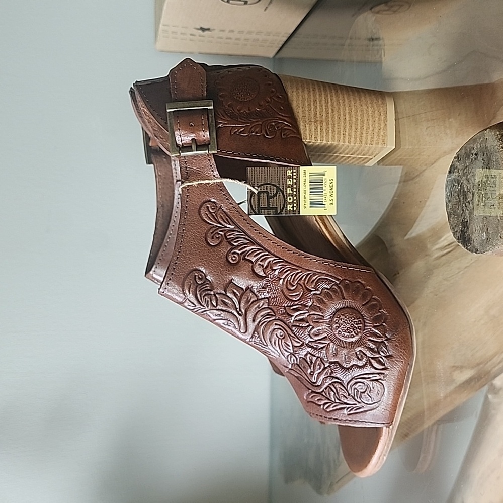 ROPER Mika Closed Back Open Toe Embossed Brown Leather Heels Womens 9.5 - Picture 3 of 9
